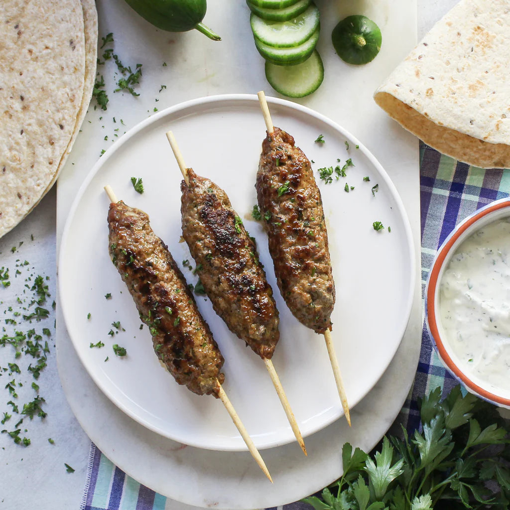 Moroccan kefta (kebab) with herb yoghurt
