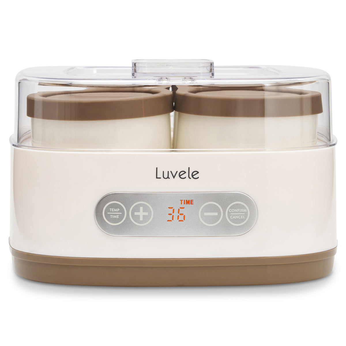 Luvele yogurt maker with two brown lids on a white background